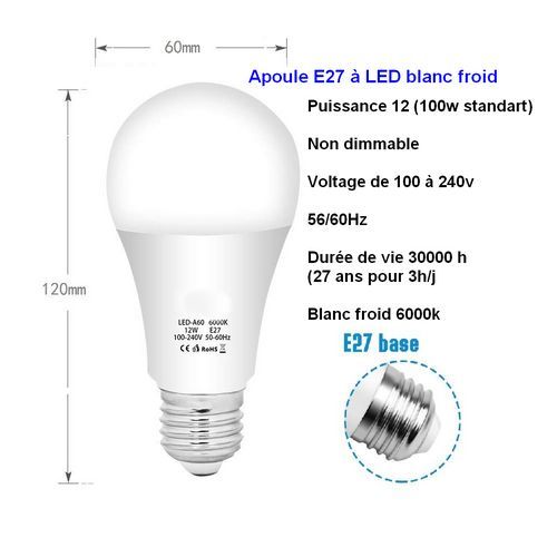Cold bulb E27 12W, 6000k high-powered LED