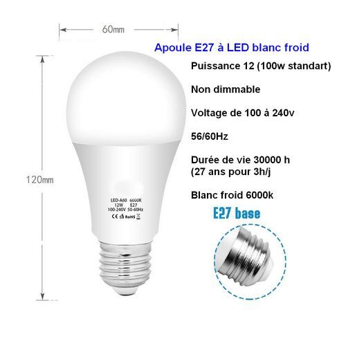 LED pære E27 12W tilsvarende 100W kold hvid